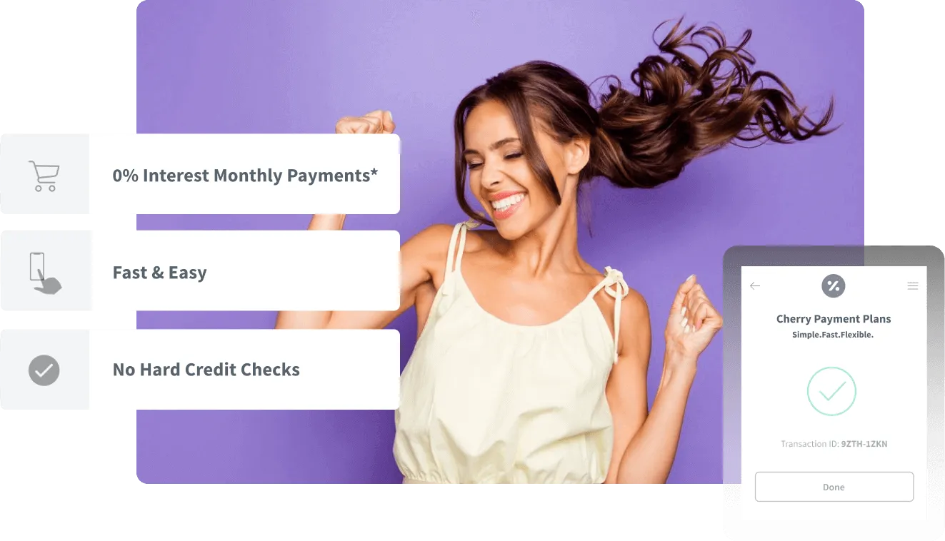 Cherry Payment Plans app showing 0% interest monthly payments, fast approval, and no hard credit checks