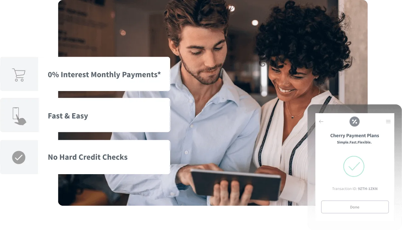 Two patients reviewing Cherry payment plan approval on a tablet
